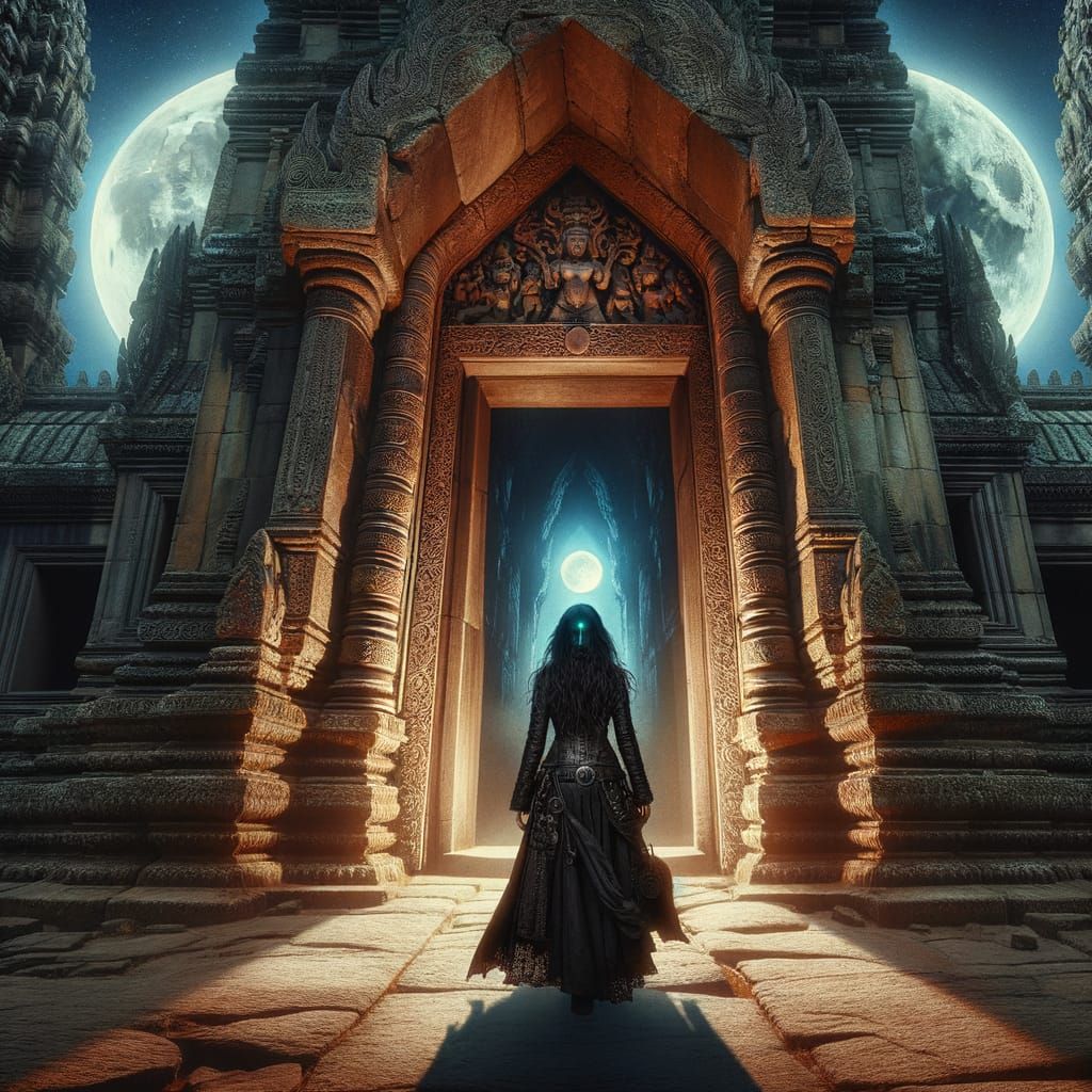 Gothic Warrior Before Ancient Temple Under Twin Moons