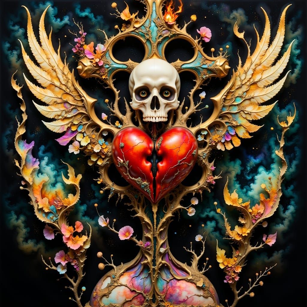 Detailed Skull Heart Tattoo with Wings and Roses