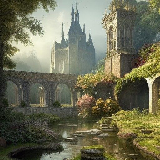 Sublime Medieval Garden Landscape Painting