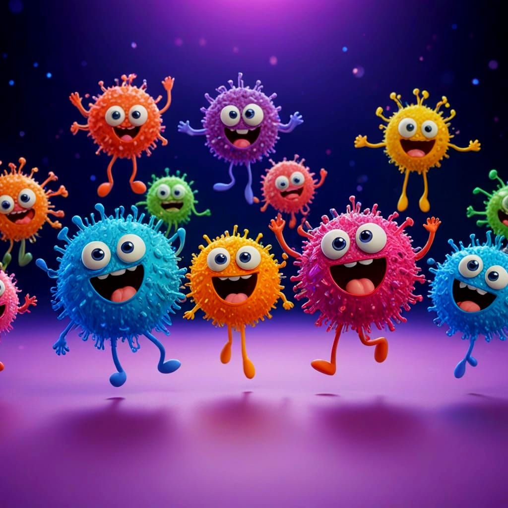 Cute Cartoon Microbes Dancing, Vibrant Digital Art