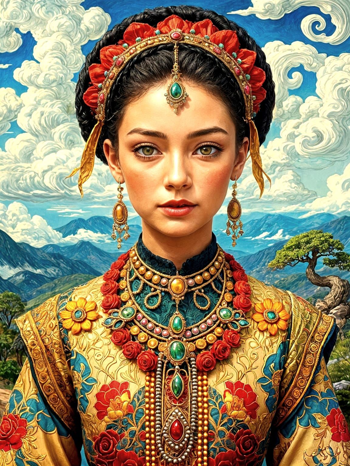 Hyperrealistic Portrait with Intricate Clothing and Jewelry