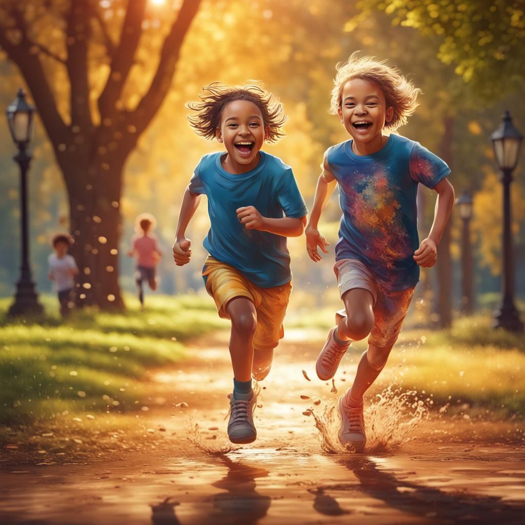Happy Children Run in Park: Hyperrealistic Splash Art