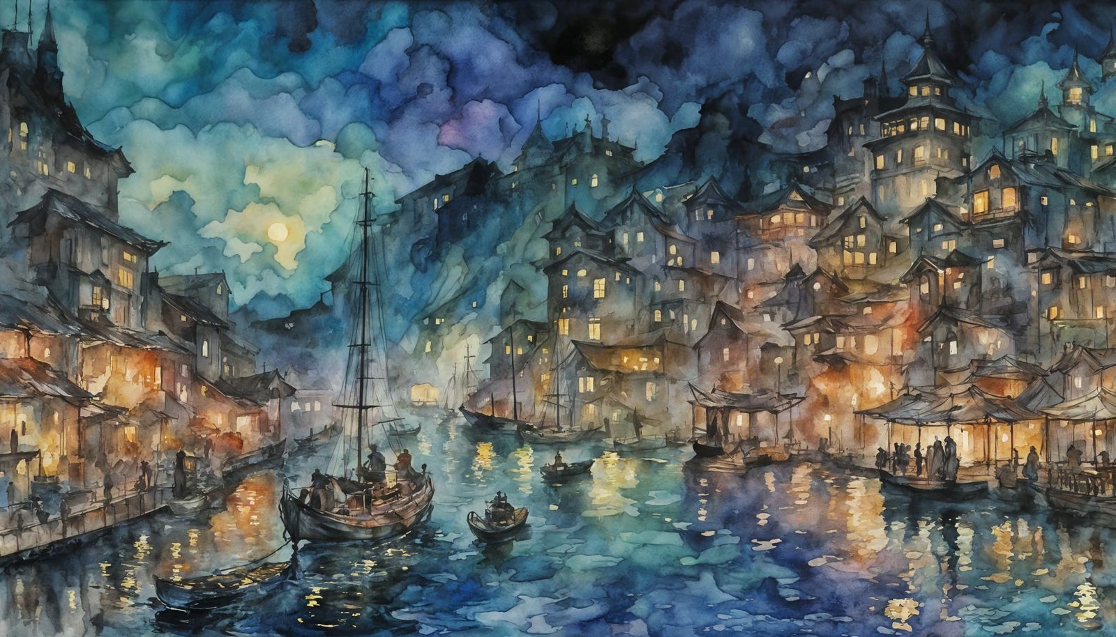 Cyberpunk Harbor Scene in Deep Blues and Purples