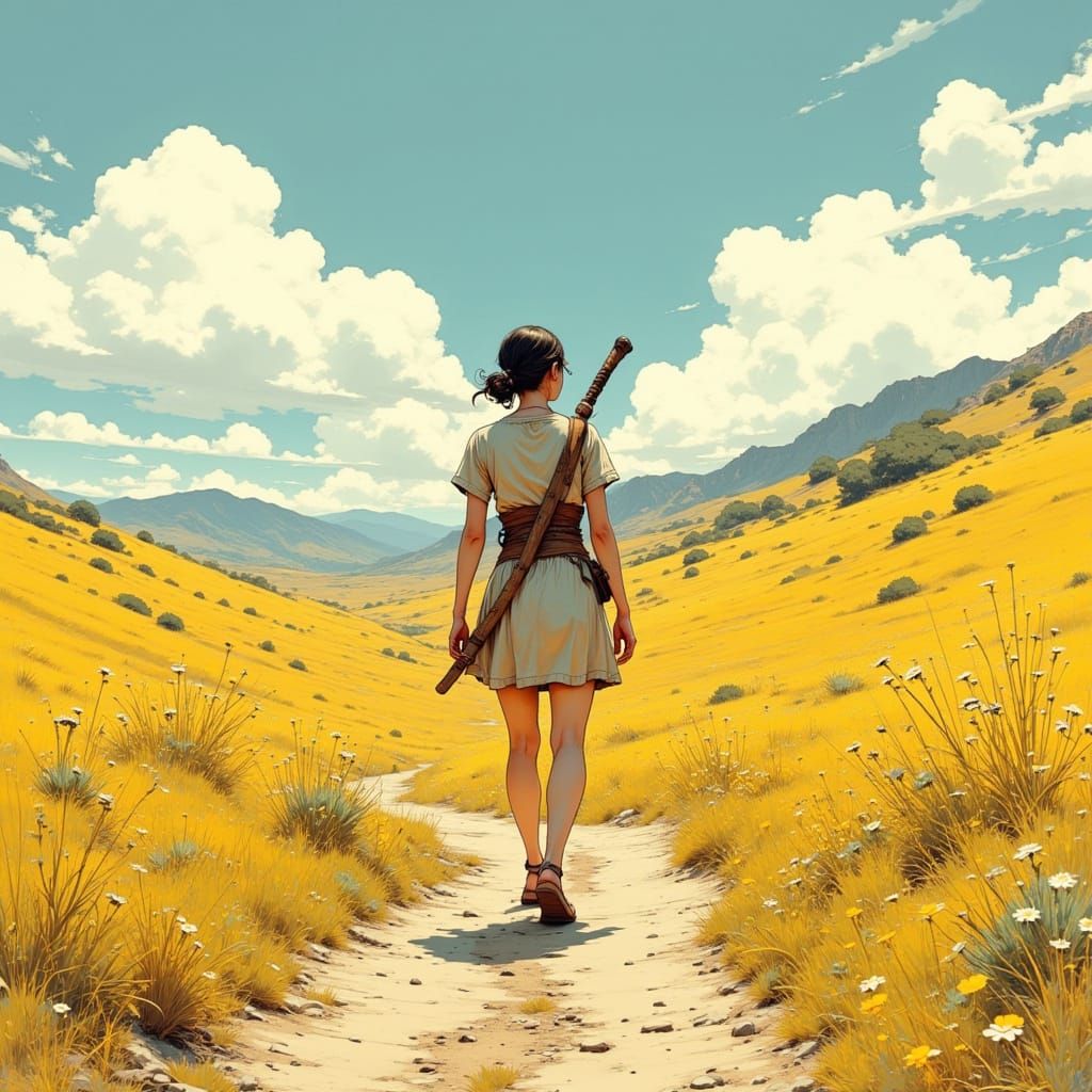 Lone Traveler on Golden Path: Painterly Pilgrimage