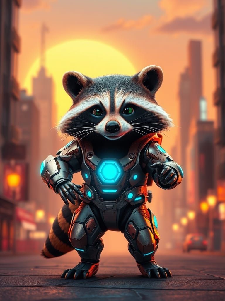Futuristic Raccoon Superhero in Retro Cityscape