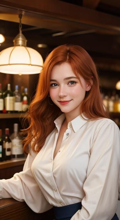 Ginger Haired Woman Smiling in Bar With Cinematic Lighting