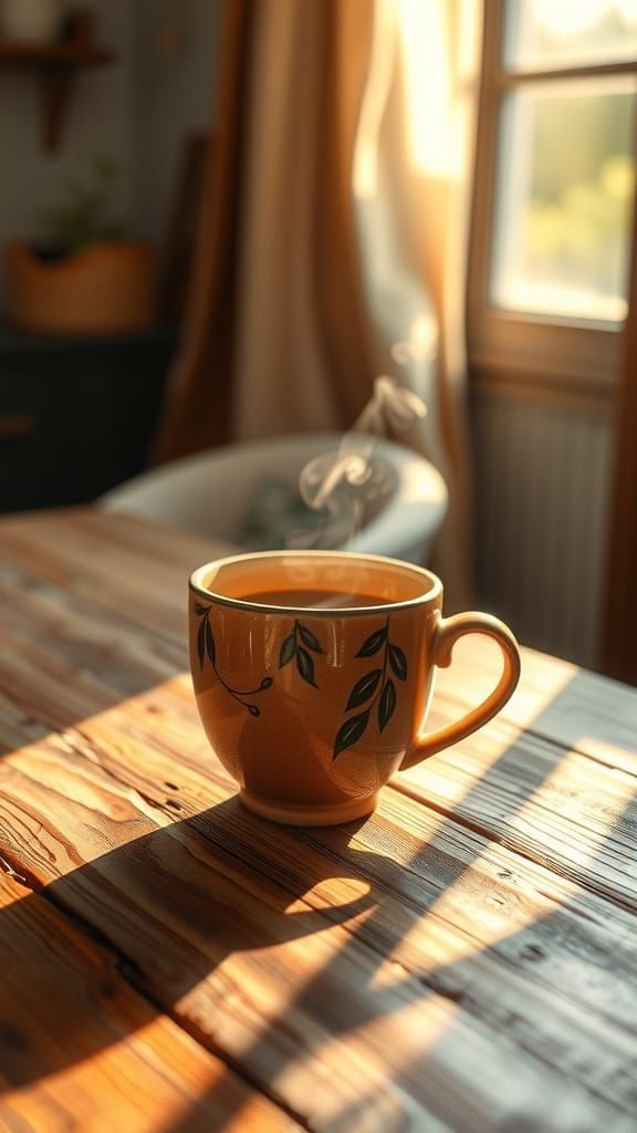 Golden Morning Serenity with Steaming Coffee