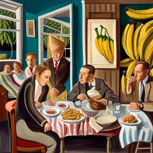 Surreal Suburban Landscape with Bananas, Expressionist Paint...