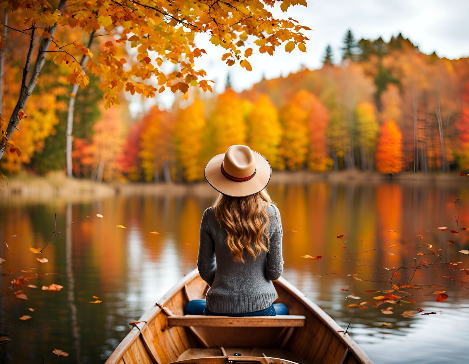 Woman in Boat on Lake Amid Autumn Leaves