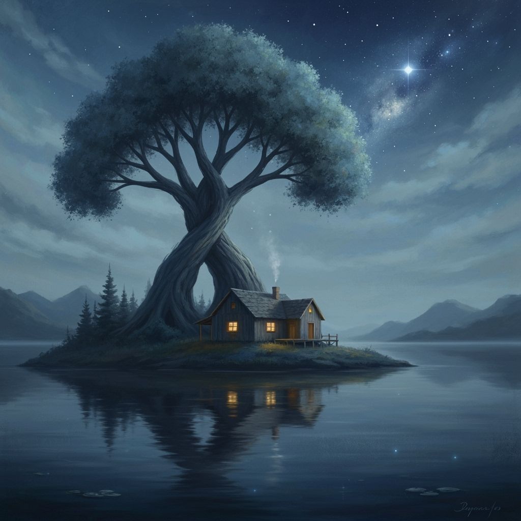 Mystical Cabin Beside Giant Finger Tree on Secluded Island