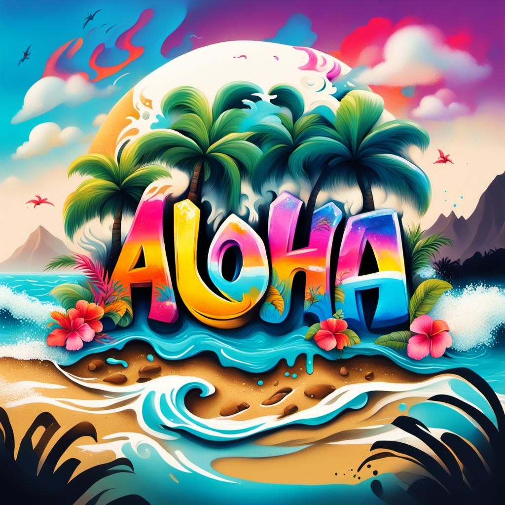 Aloha Hawaiian Beach Scene in Graffiti Art Style