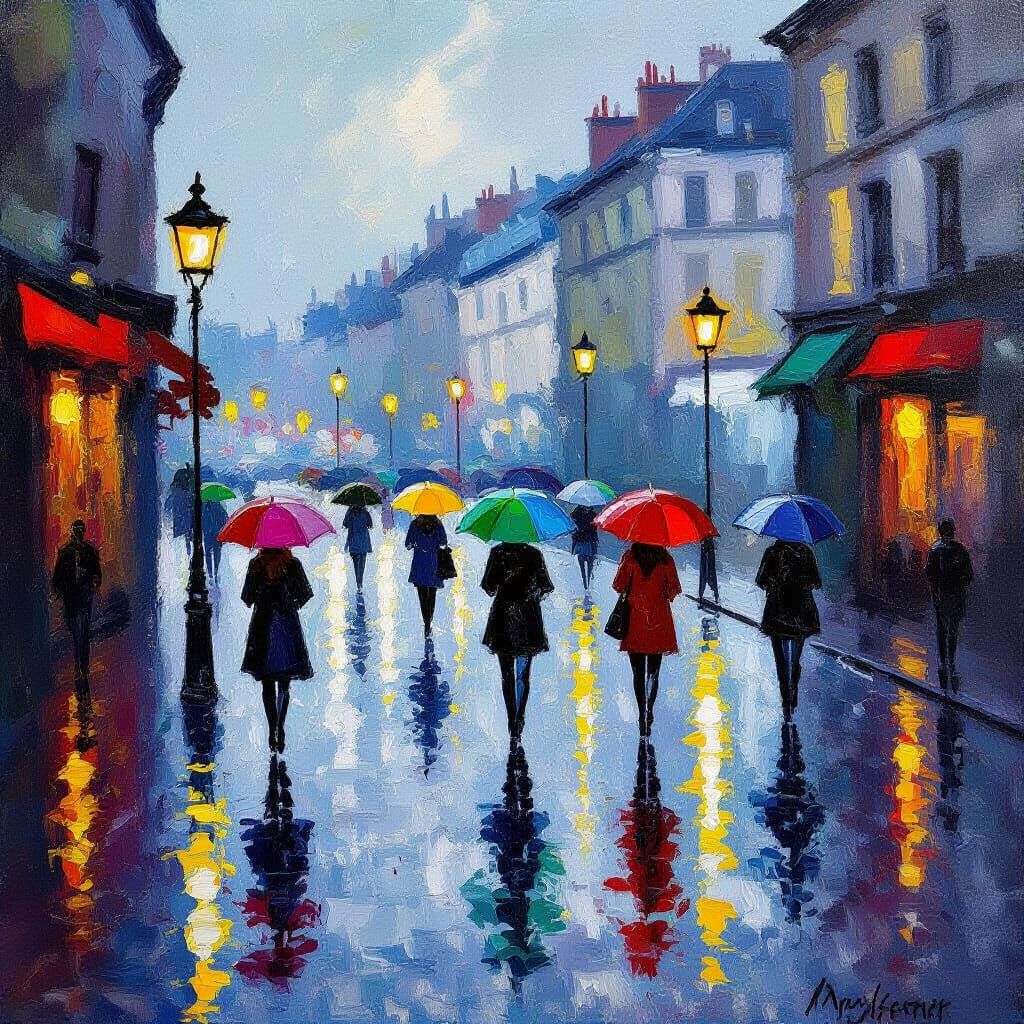 Impressionist City Street in Evening Rain
