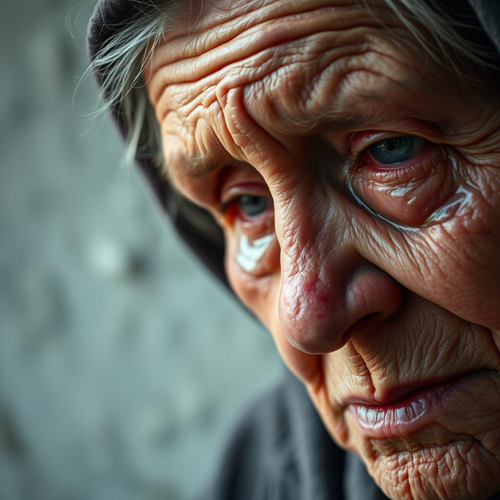 Elderly Woman in Tears, Close-Up Portrait