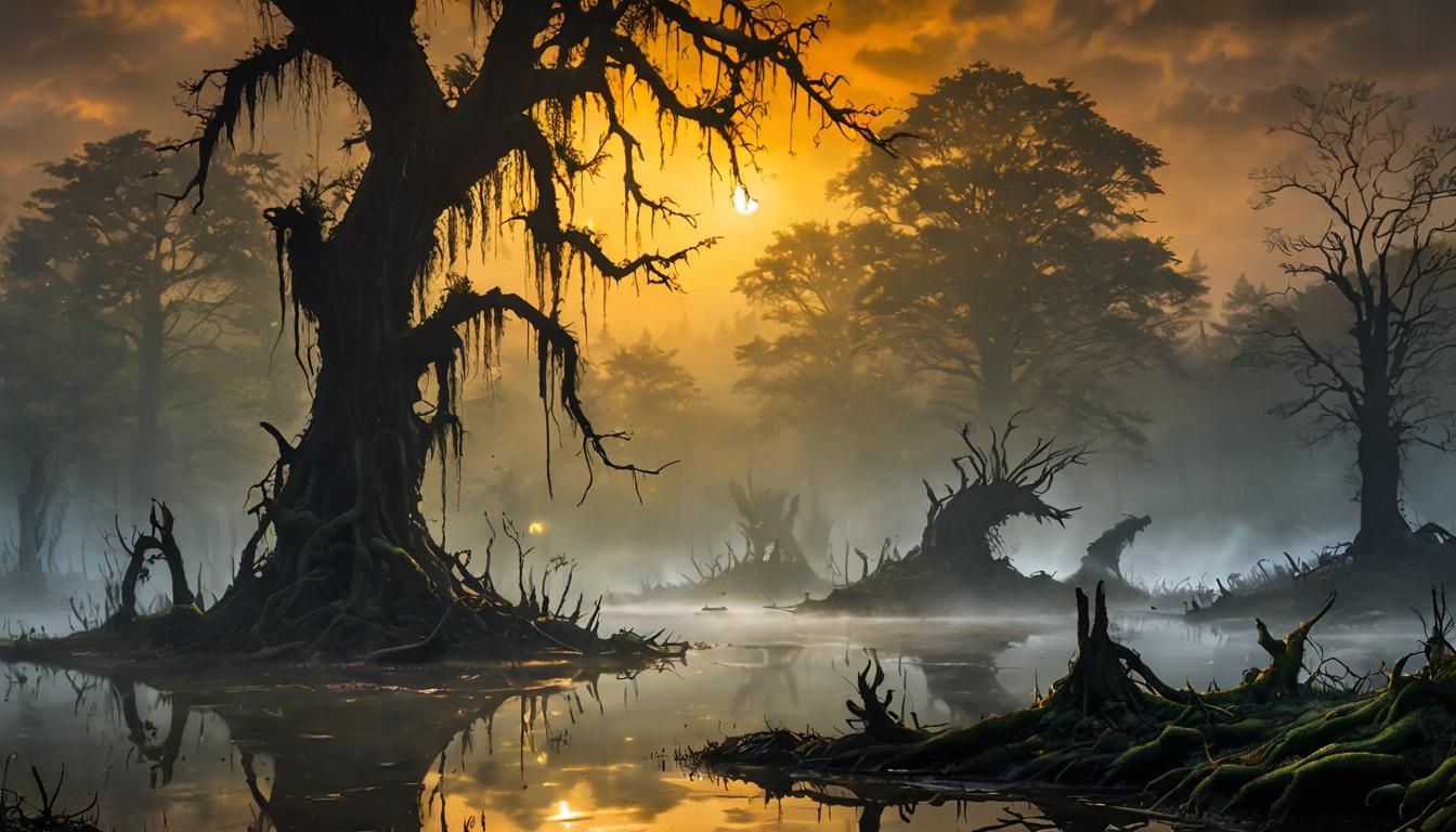 Majestic Swamp Monster Emerges from Misty Depths