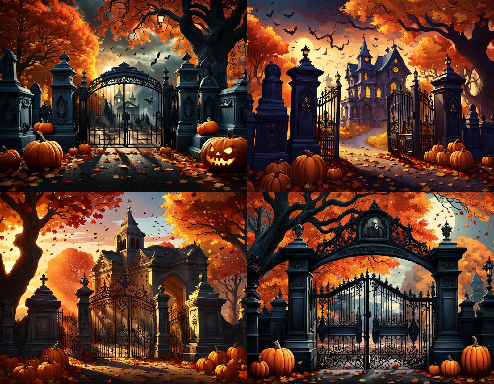 Autumn Sunset Cemetery Scene in Matte Painting Style