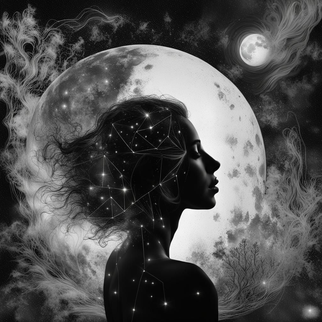 Monochrome Portrait: Woman in Cosmic Dreamscape