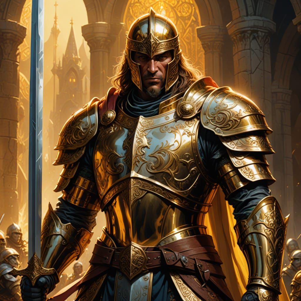 Golden Paladin with Glowing Holy Symbols
