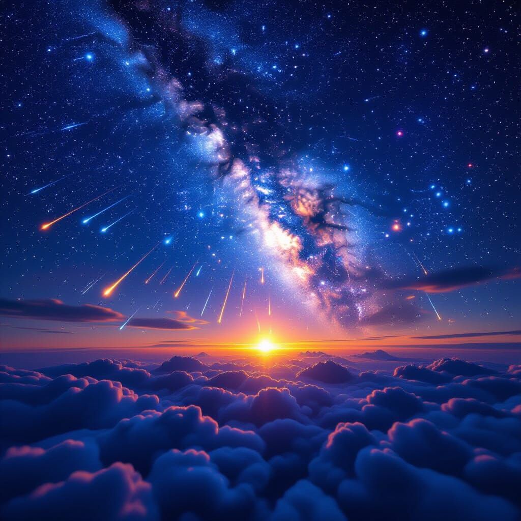 Million Shooting Stars Over Vibrant World - Photorealistic