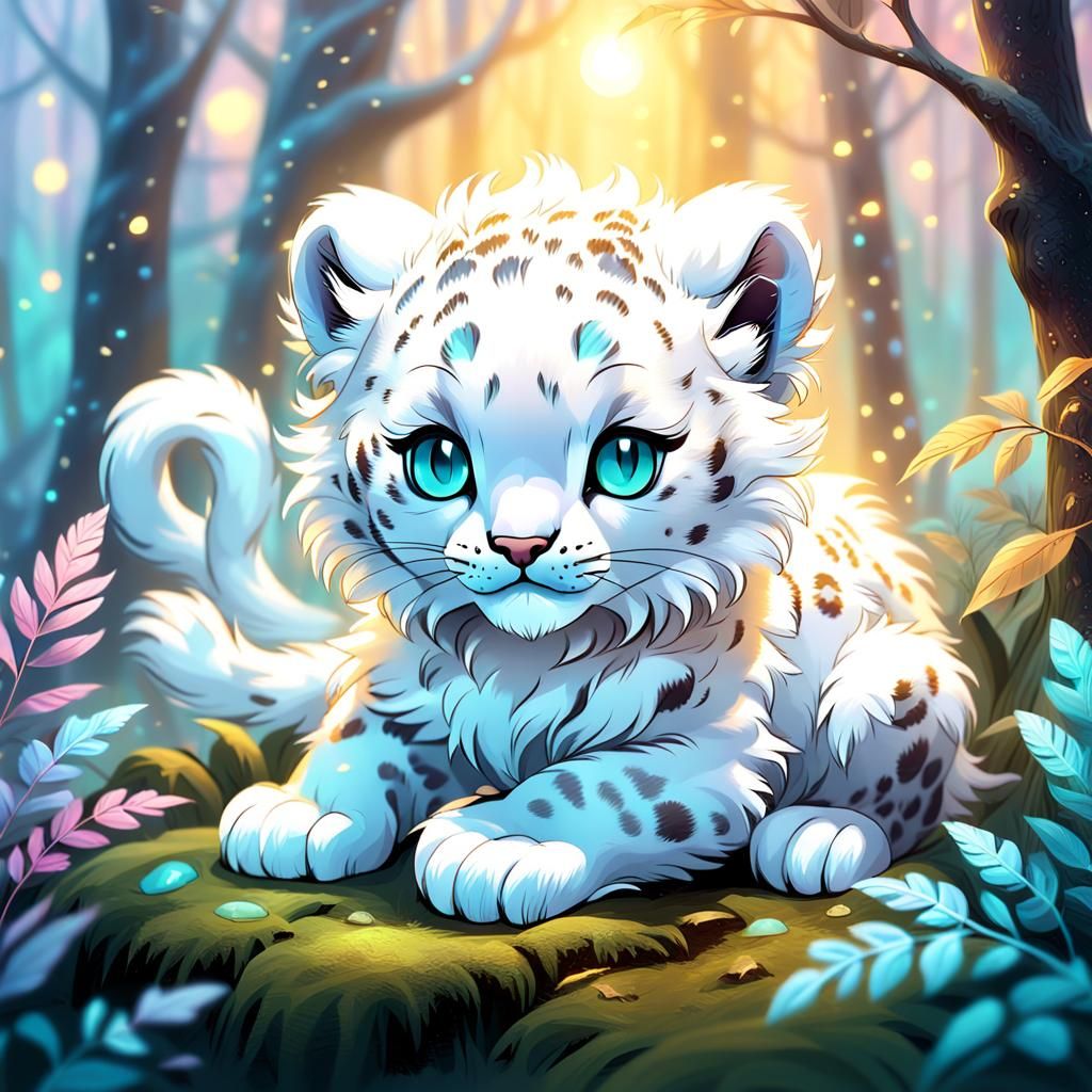 Snow Leopard Cub in Enchanted Forest, Acrylic Style