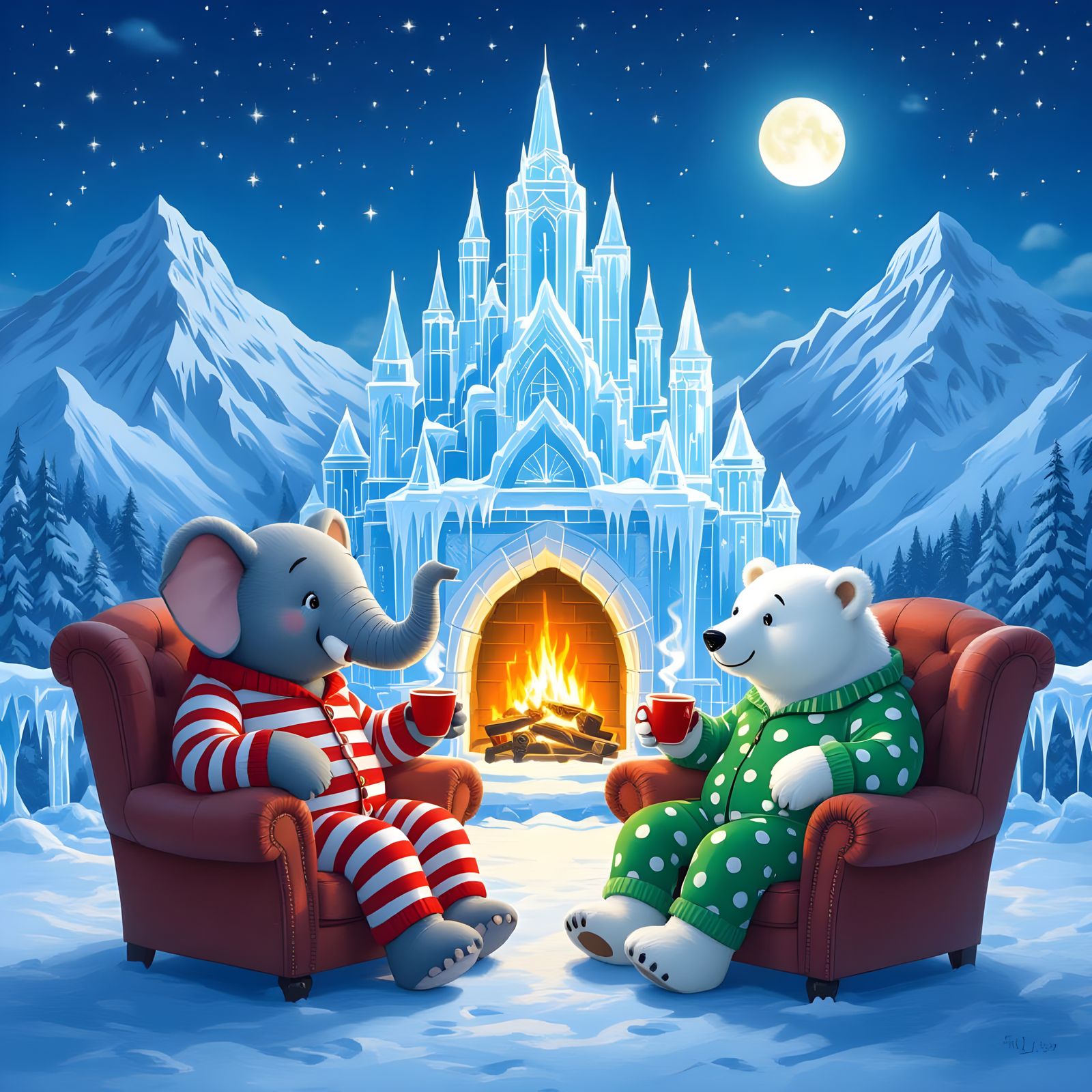 Pajama-Clad Elephant and Polar Bear Enjoy Hot Chocolate