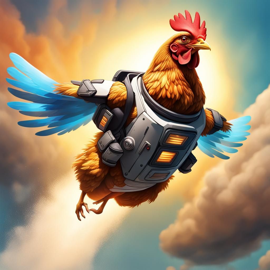 Chicken in Jetpack: Hyperrealistic Splash Art