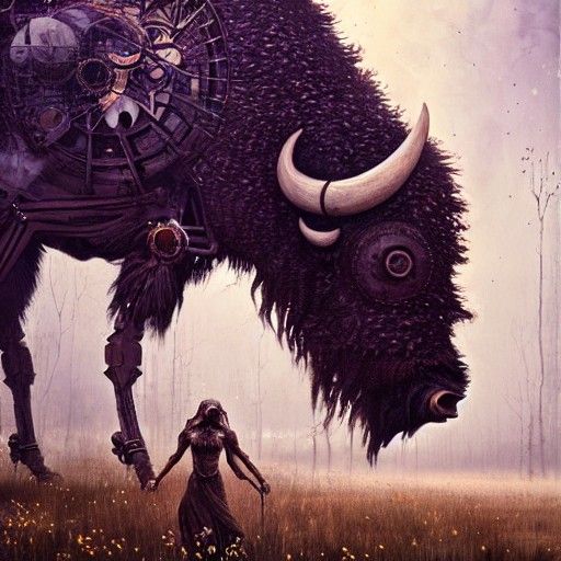 Steampunk Bison on Violet Plains at Eerie Dawn