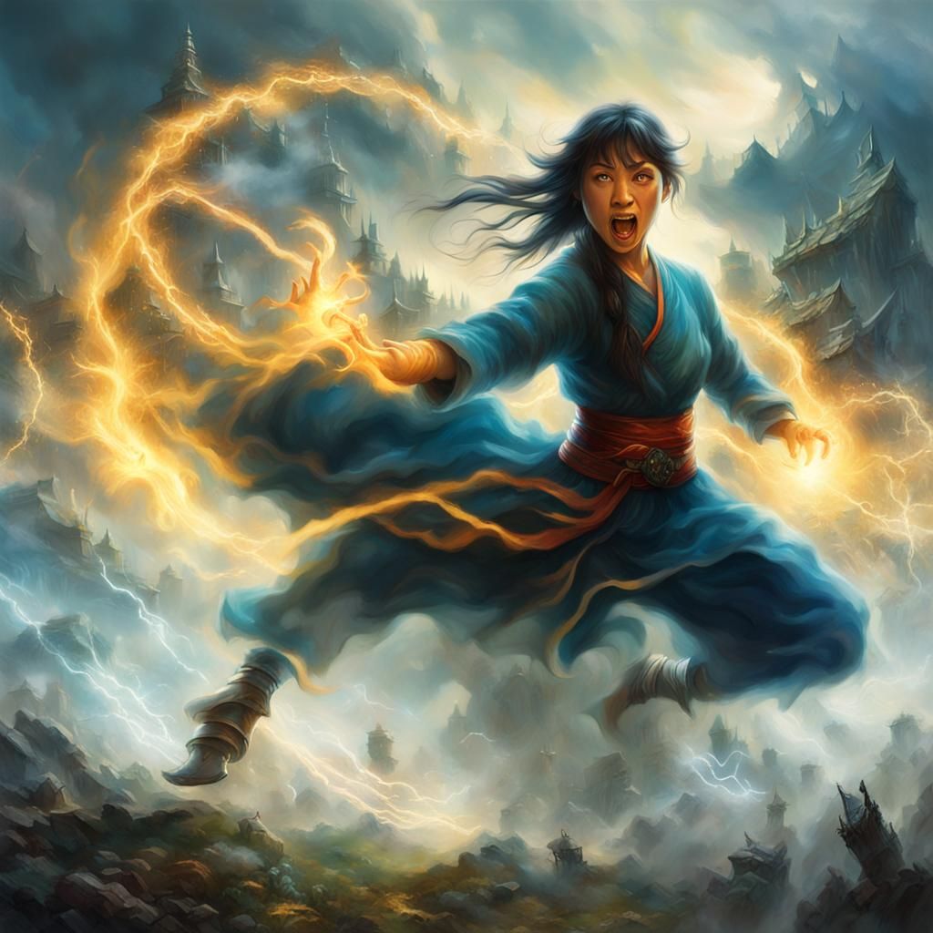 Kung-Fu Woman Battles Monsters in Stormy Landscape