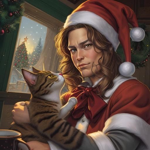 Festive Christmas Cat in Comic Book Art