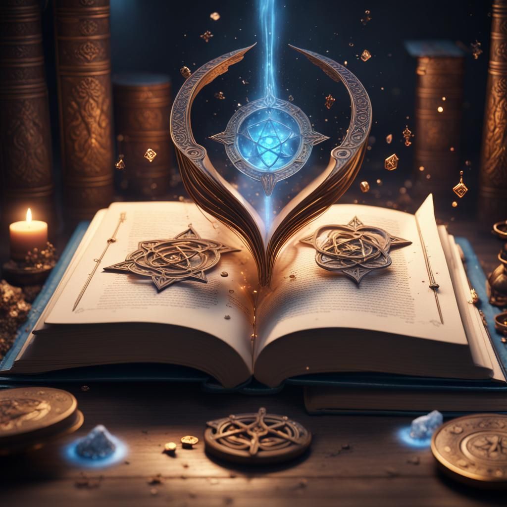 Magical Open Book with Symbols in Fantasy Art Style