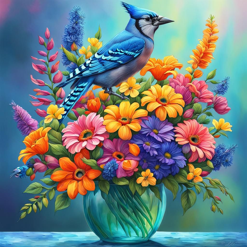 Vibrant Watercolor Flower Bouquet with Blue Jay