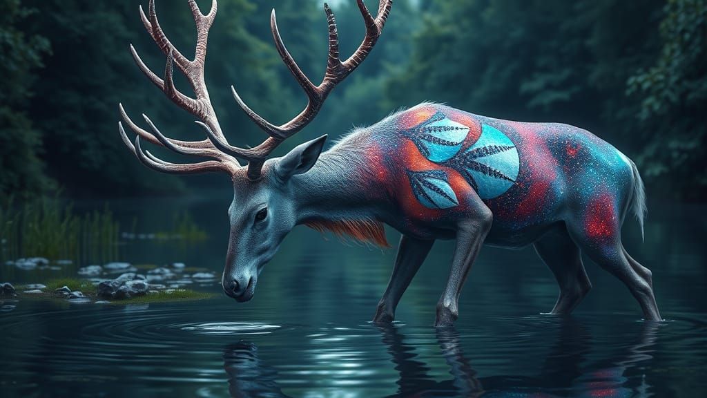 Magical Iridescent Deer Drinks from Serene Lake