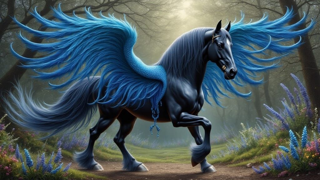 Majestic Black Horse with Iridescent Peacock Wings