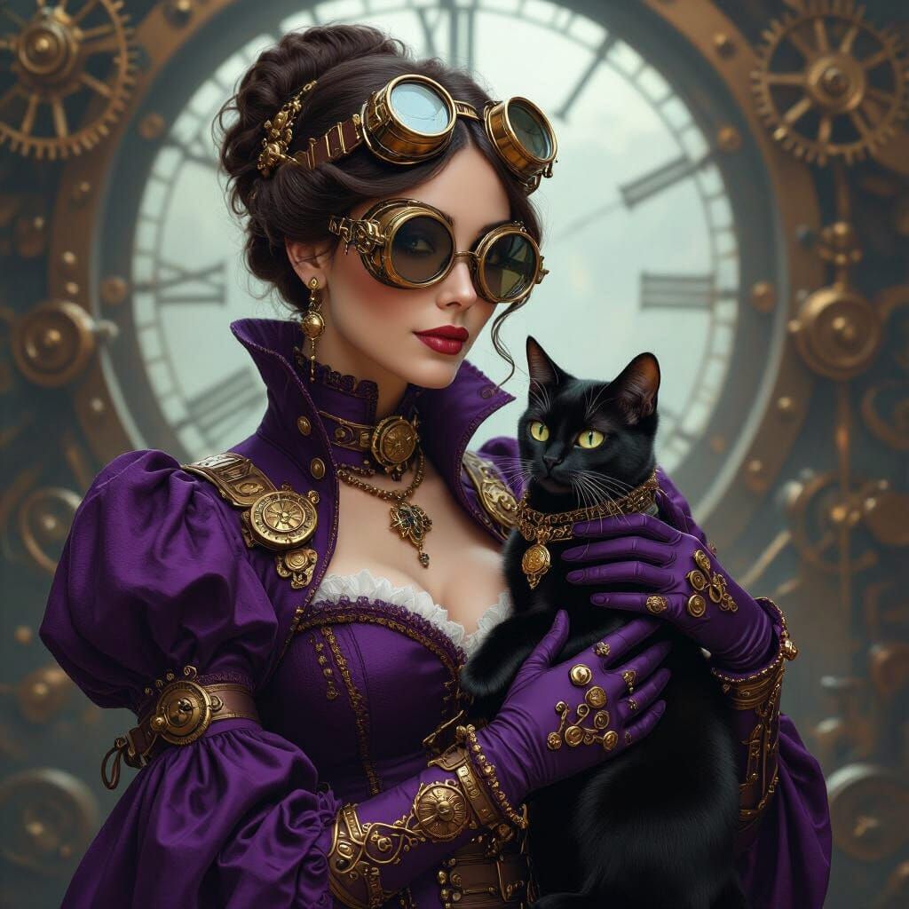 Steampunk Lady with Cat in Syd Mead Style