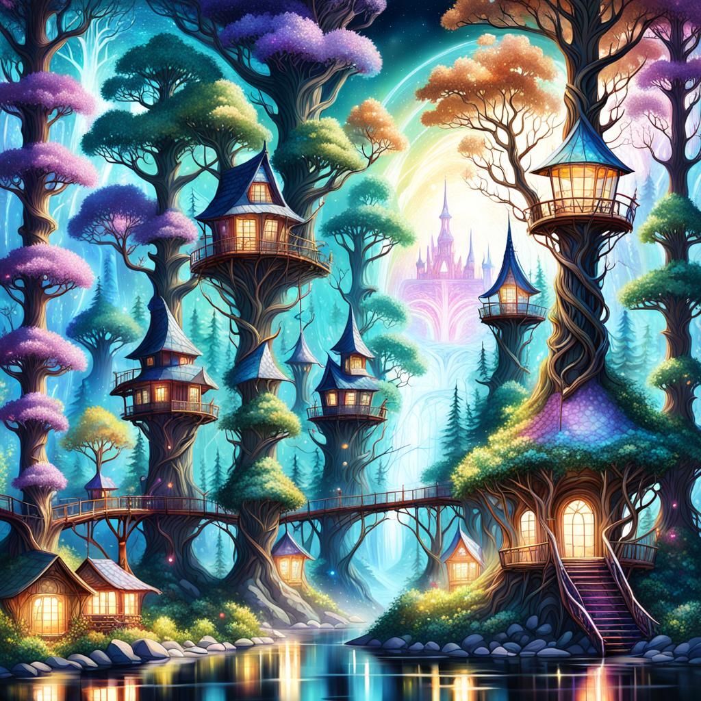 Enchanted Forest: Gemstone Treehouses in Astral Illustration