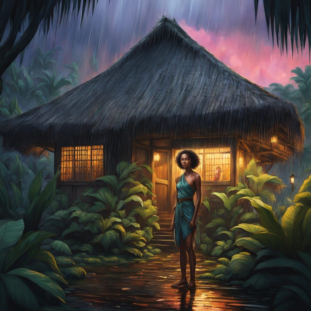 Exotic Woman Poses in Tropical Rain Before Bungalow