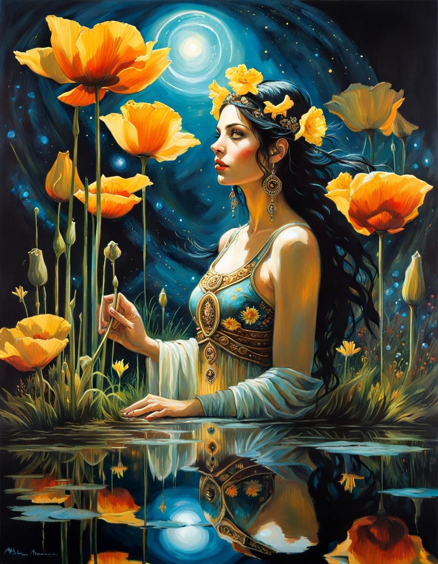 Bioluminescent Greek Goddess Reflects in Poppy Pond