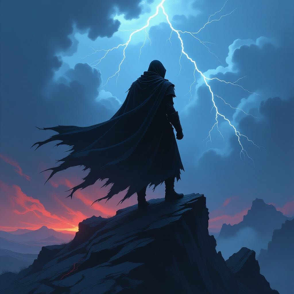Resilient Figure on Stormy Peak in Dark Fantasy Style