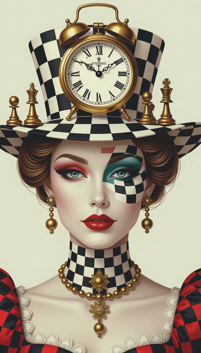 Surreal Chess Queen With Clock Hat and Golden Pieces