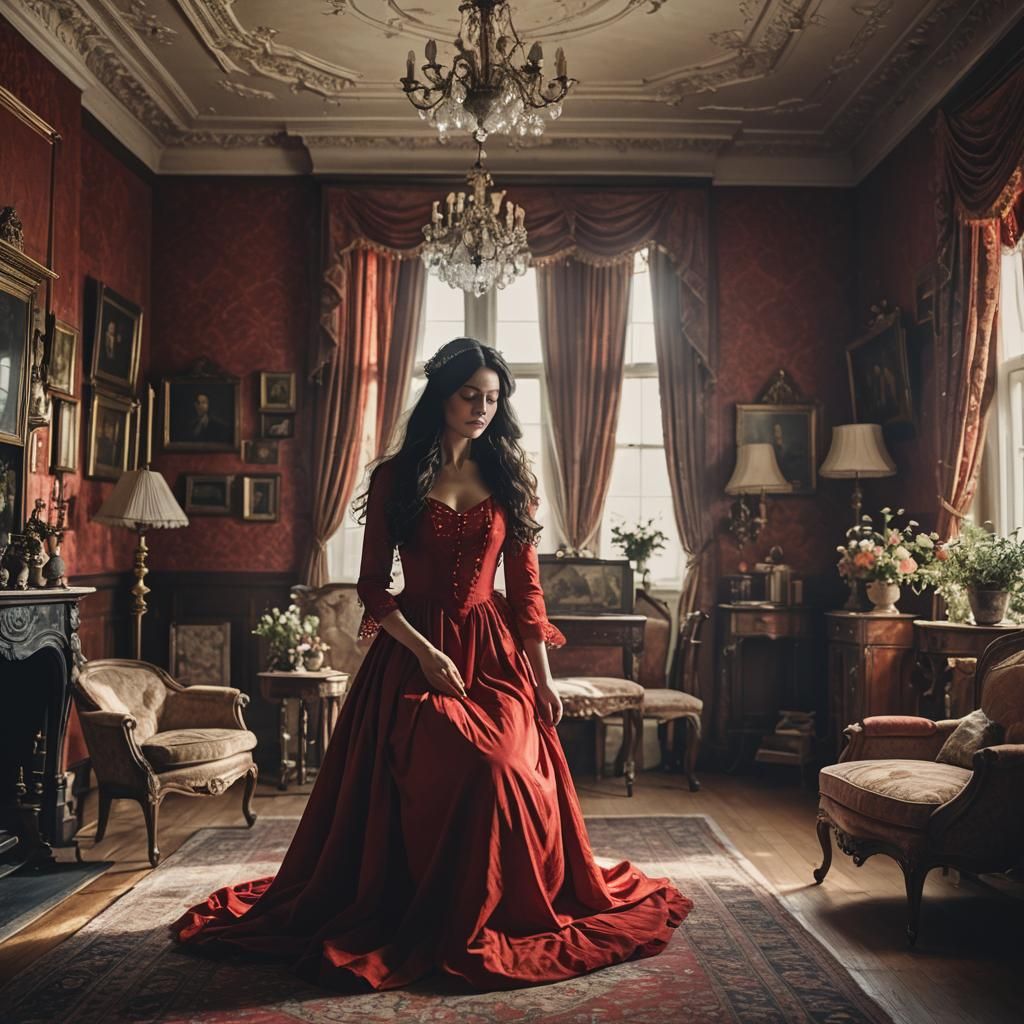 Woman in Red Dress in Victorian Living Room