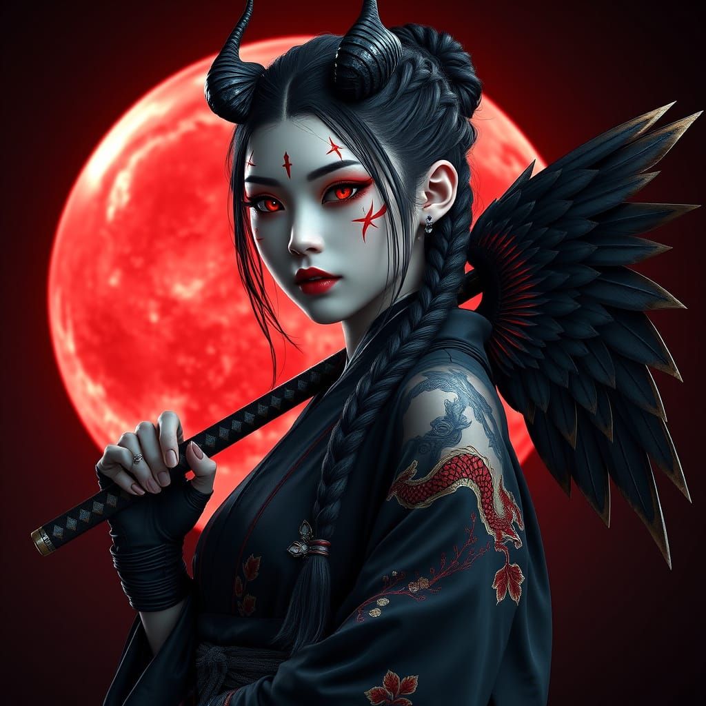 Blood Moon Demoness with Katana in Fantasy Realism