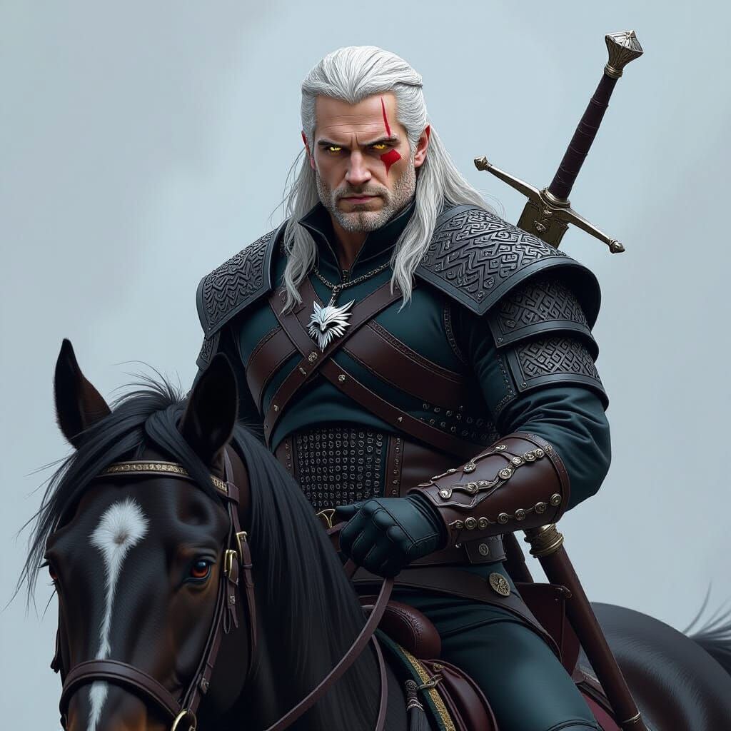 Geralt of Rivia on Roach in Dark Fantasy Style