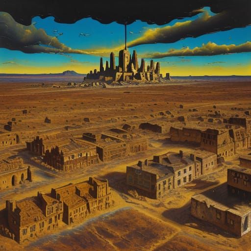 an old frontier town in the style of Salvador Dali's melting...