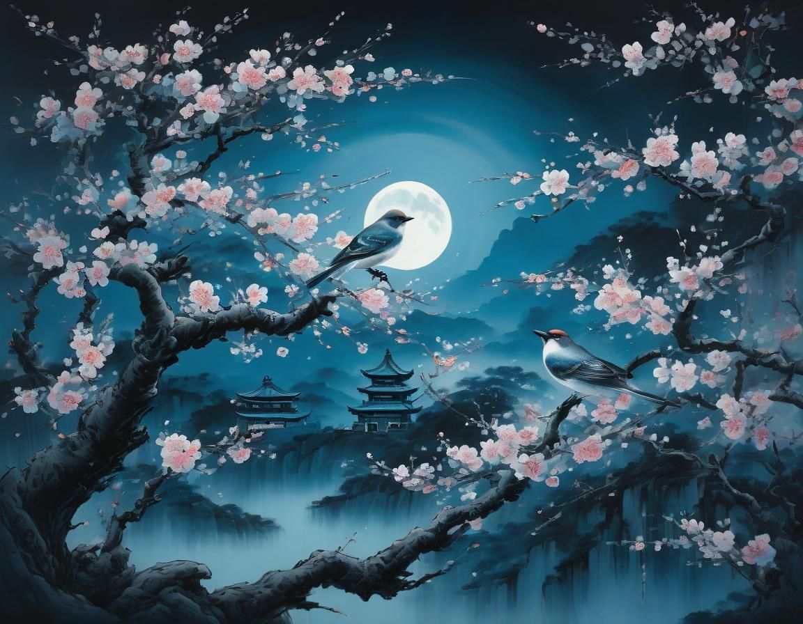 Cherry Blossoms Under Moon in Vertical Scroll Painting