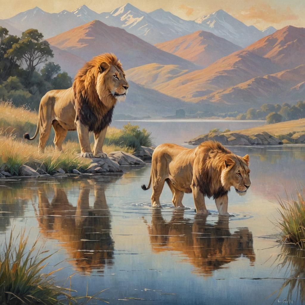 Lions in Golden Light: Impressionist Oil Painting
