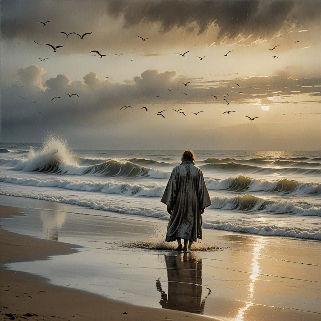 Wet Survivor on Stormy Dawn Beach