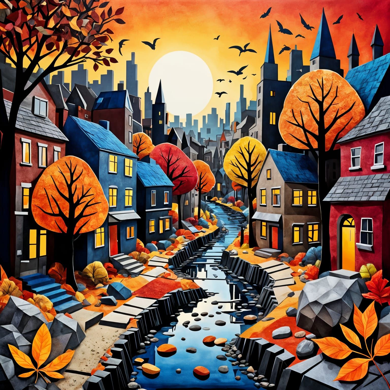 Colorful Autumn Cityscape Mixed Media Collage
