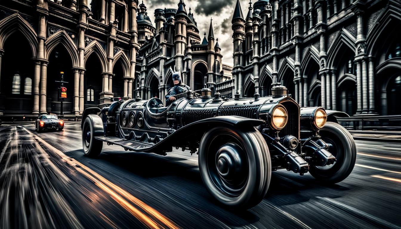 Batman Drives Locomotive Batmobile Through Gothic City