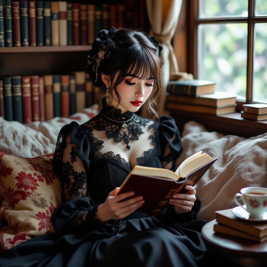Japanese Gothic Girl in Cozy Reading Nook