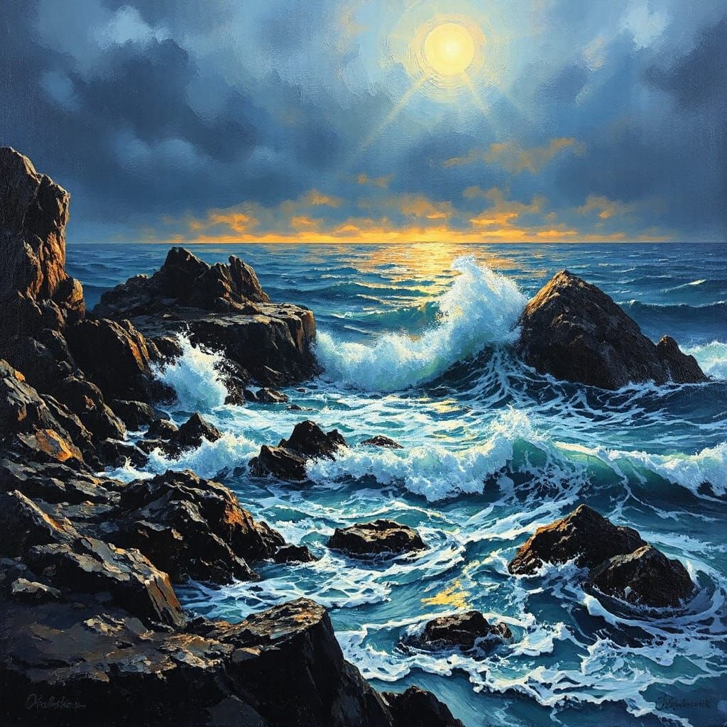 Stormy Ocean Dusk Impasto Painting