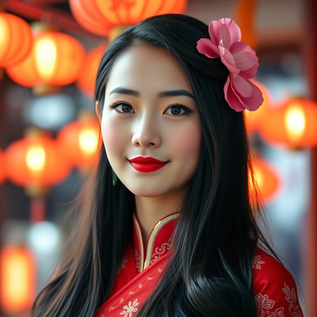 Elegant Young Woman in Traditional Attire with Vibrant Lante...
